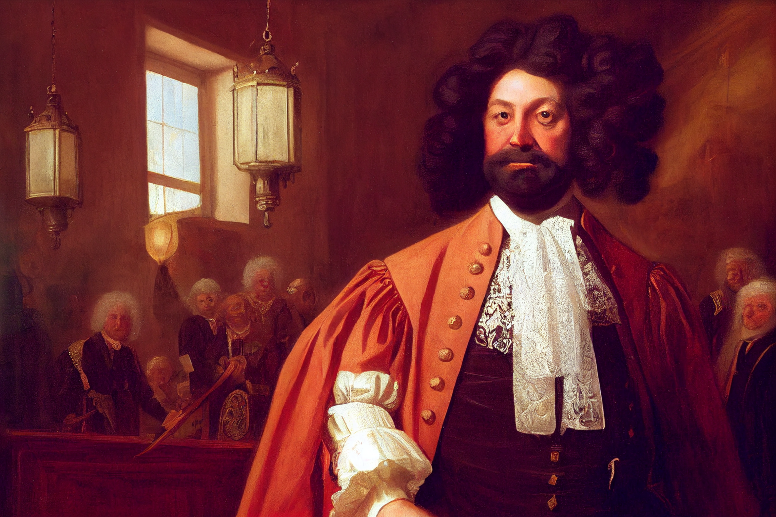 Portrait of Judge Garibaldi, who wears a very large royal wig. Circa 1739. Lanterns. Many people in a grand court. Great Britain. Interior. Court. Afternoon. Sun beams through windows. Realism. Hairy. , Color Grading, Fujifilm Superia, 2.5D, 8K, Rim Lighting, Bright, Ray Traced, Ray Tracing Ambient Occlusion, Anti-Aliasing, Tone Mapping, insanely detailed and intricate, hypermaximalist, elegant, ornate, hyper realistic, super detailed,