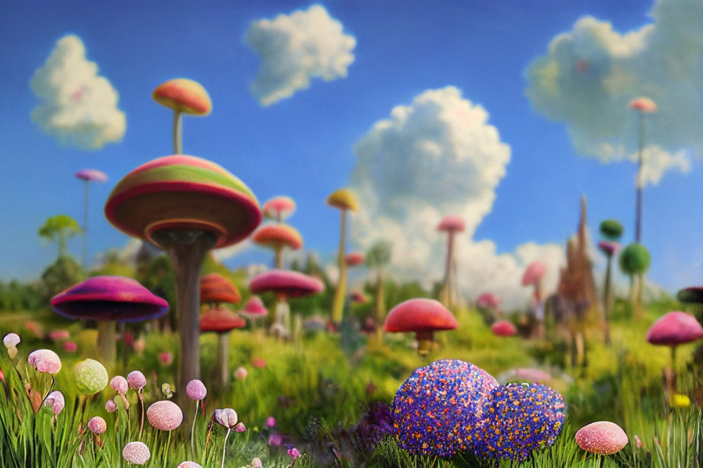 Wide angle. Side view of a lush garden with oversized very tall sparkly colorful mushrooms, grass and mist and thousands of tiny flowers. Large high-contrast cumulus clouds. Exterior. Blue hue. Night. DOF. Realism. Refined facial features. Tone Mapping. Intricate and ornate. Finely detailed. Antialiasing. Dramatic. Iconic. Disney style., High Contrast, Agfacolor, 3-Dimensional, Full-HD, UV, Ray Traced, Ray Tracing Ambient Occlusion, Tone Mapping, insanely detailed and intricate, hypermaximalist, elegant, ornate, hyper realistic, super detailed, ArtStation style