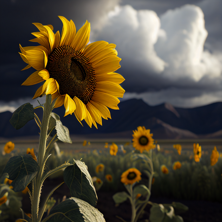 Portrait of a large sunflower towering over a field of beautiful sunflowers.  Mountains are in the background and an approaching afternoon storm is in the distance.