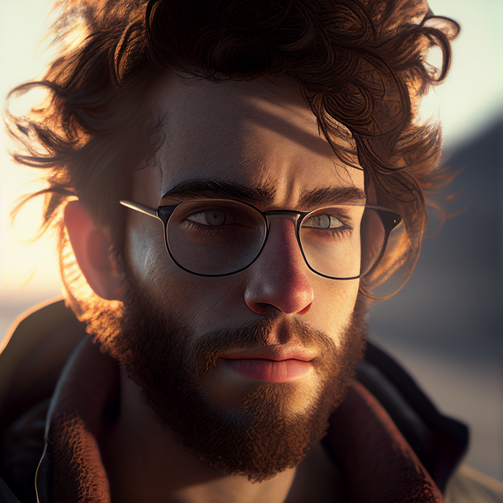 Portrait of a 25-year-old rugged man with wild hair and wearing eyeglasses.