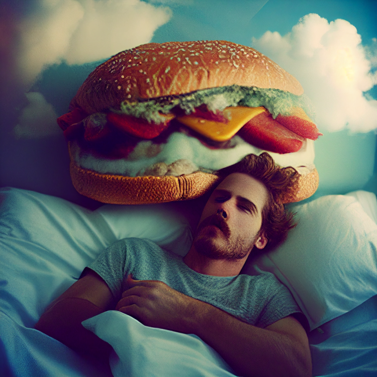 Portrait of a man who is sleeping in his bed and a gigantic cheeseburger surround by clouds surrounds him.