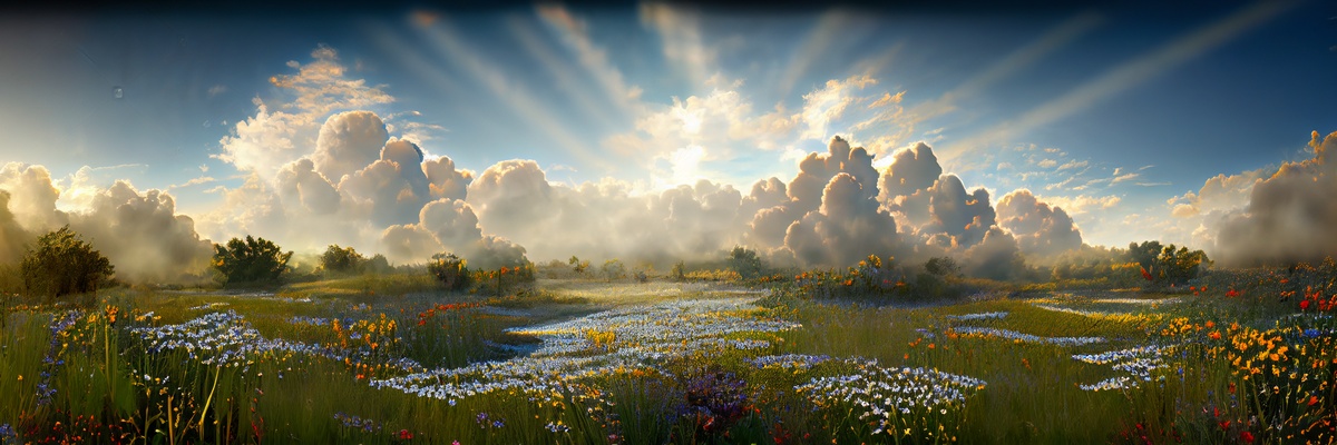 Portrait of a beautiful sunrise over a landscape of wildflowers.