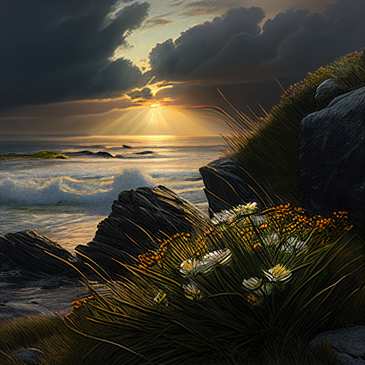 Portrait of a rocky shoreline at dawn, the sun's rays shining through the clouds.  Wildflowers and boulders in the foreground.