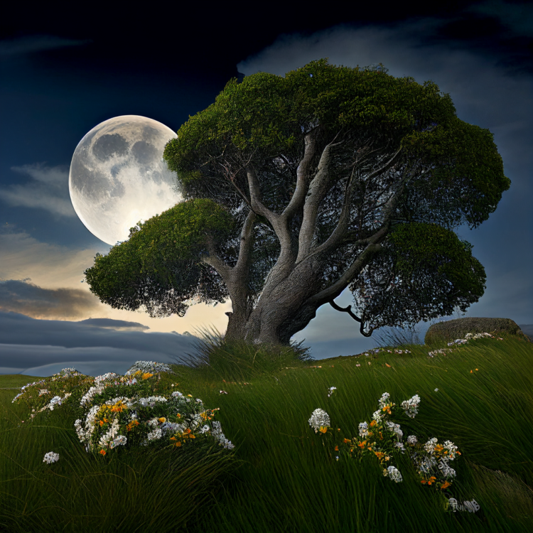 Portrait of a towering old tree surrounded by tall grasses and wildflowers.  The large moon of the night lights the landscape.