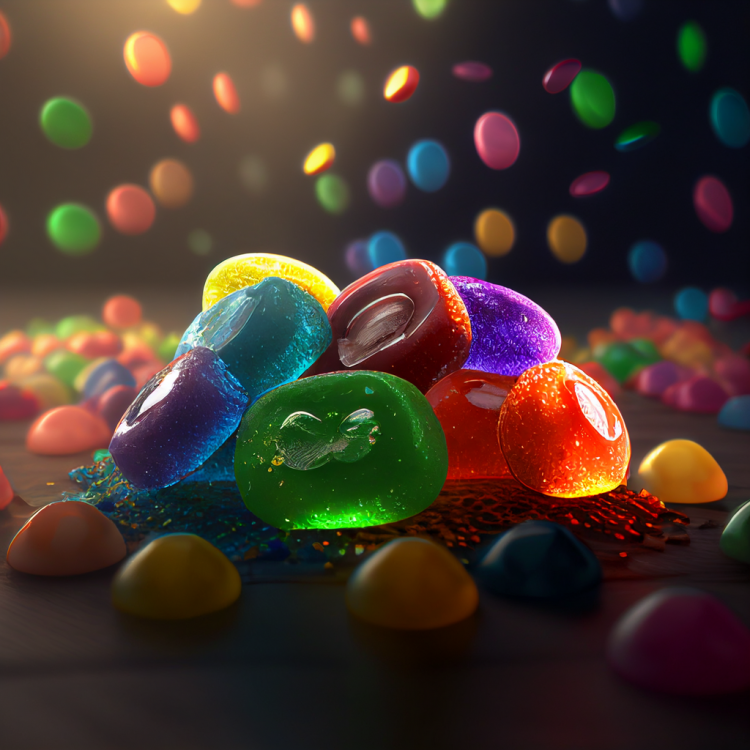 A portrait of many gummy-like candies of many colors and a downpour of multi-colored candy gems.