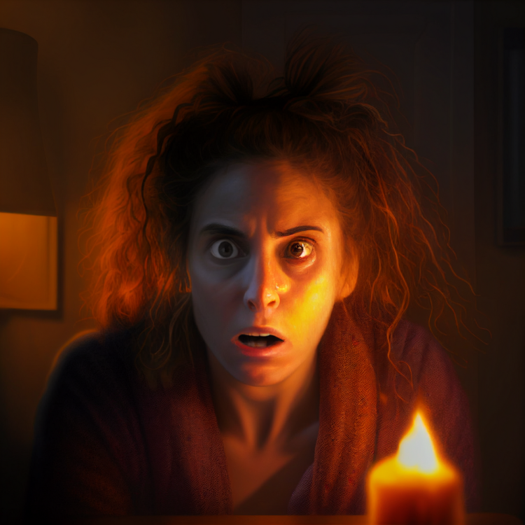 Portrait of an unkempt woman who appears to be in extreme distress.  A lit candle is in the foreground.