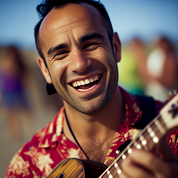 Portrait of a handsome hispanic man dressed in a Hawaiian shirt, playing a guitar and being happy at the beach.