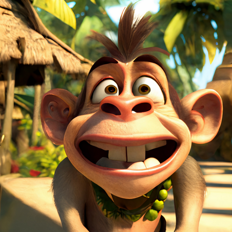 Portrait of a cartoon monkey in a jungle setting.