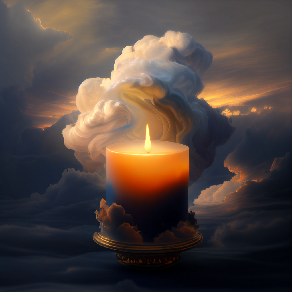 A beautiful lit candle with large cumulus clouds in the background.