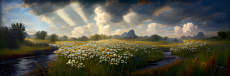 Portrait of a landscape filled with dandelions and wildflowers.  Beautiful cumulus clouds and crepuscular rays shine in the background.