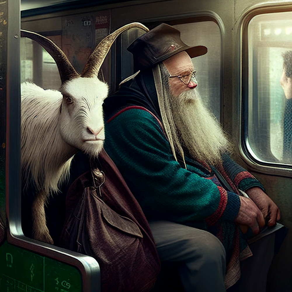 A fantasy wizard dress as a common man, riding in a subway car with a goat standing next to him.