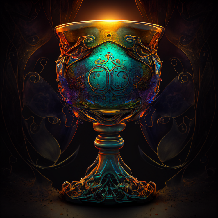 A closeup view of an ornate golden chalice with a blue light emanating from the sides.