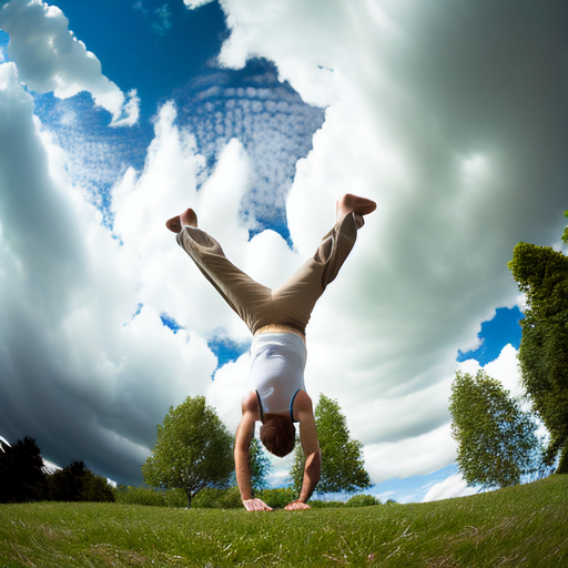 Posing Example #1, a man performing a hand stand in a city park.