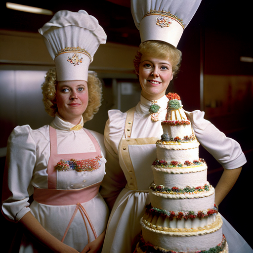 Two women dressed in chef uniforms stand and present a multi-tiered wedding cake.