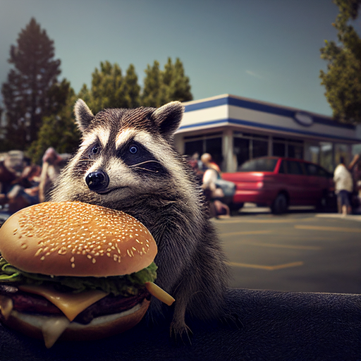 Portrait of a raccoon holding a cheeseburger and a restaurant in the background.