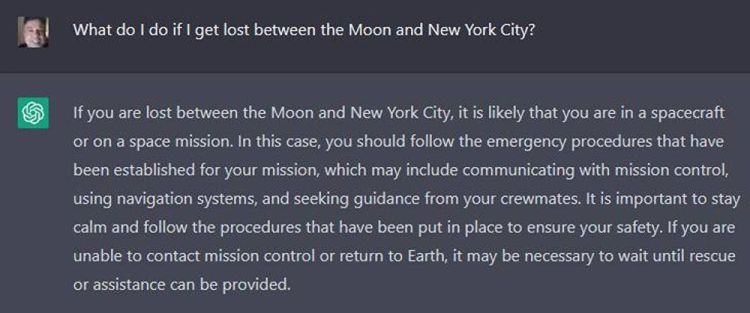 Screenshot of a ChatGPT session where ChatGPT is asked about what to do in case one gets lost between the moon and New York City.