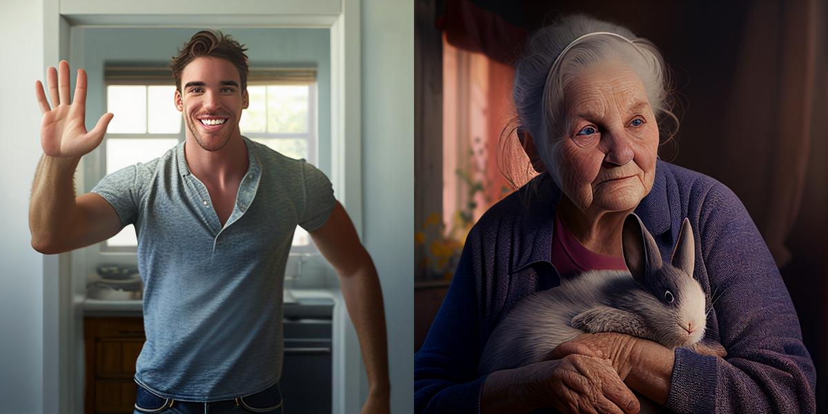 Two photos side-by-side, on the left is a man waving hello and on the right is an elderly woman holding a rabbit.