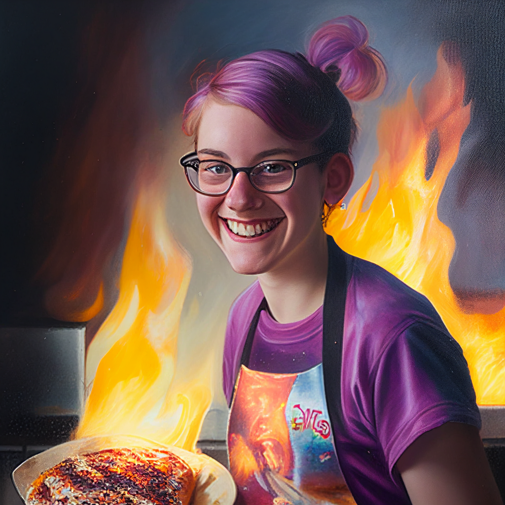 Portrait of an 18-year-old female advertising her food which appears to be on-fire.  She is smiling and has purple hair.