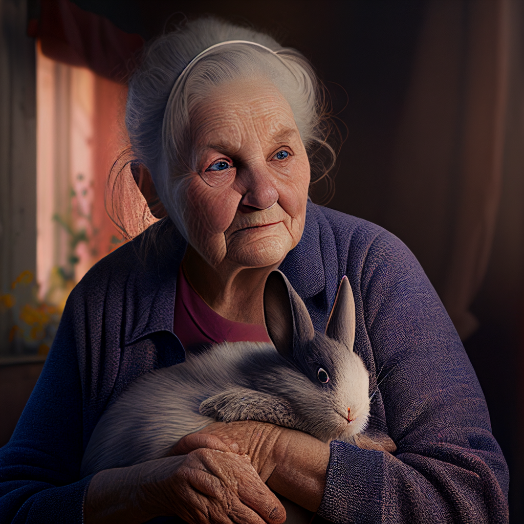 Portrait of an elderly woman holding her pet rabbit.  She is at home in her living room.  